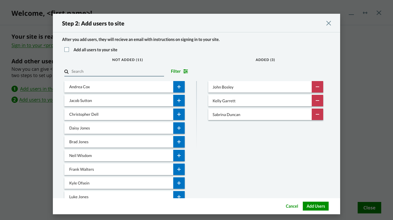 Add users wizard add users to site page